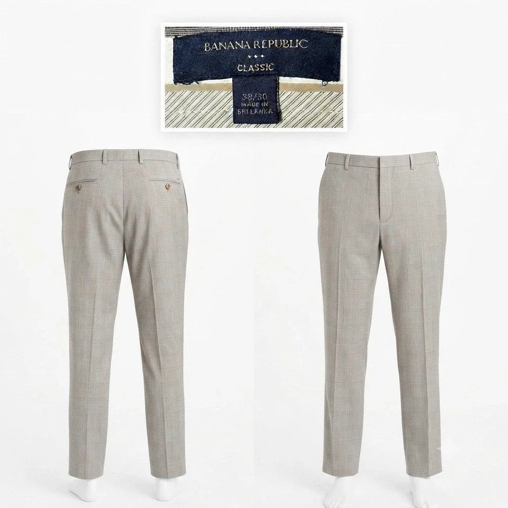 Banana Republic Mens 38x30 Classic Glen Plaid Cotton Dress Trousers Grey Blue